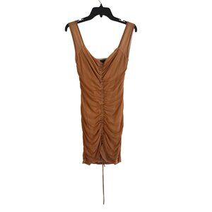 Fashion Nova Ruched Sleeveless Womens Dress XL Nylon Spandex Tan Solid Midi Fitt